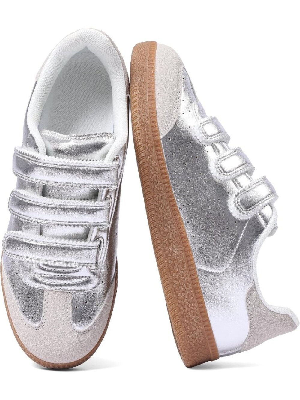 Women's Silver Faux Leather Comfortable Retro with Hook and Loop Closure Sneaker